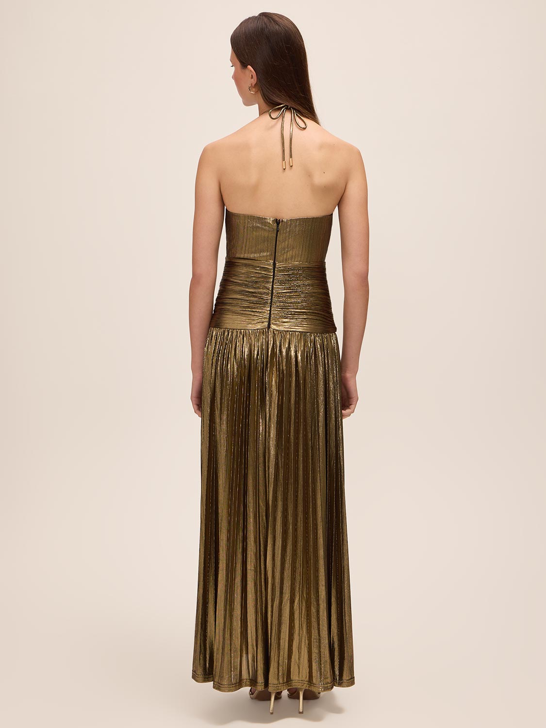 Bronze Liquid Stripe Foil Gown - Back View - Le Chateau
