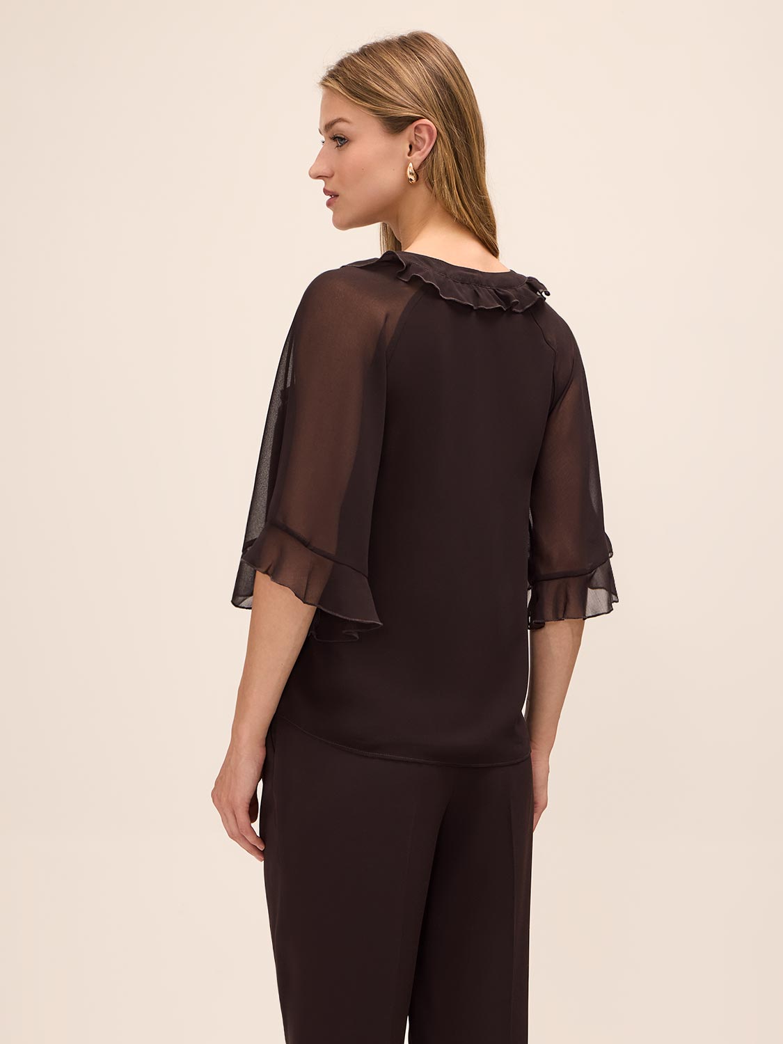 Chestnut Ruffle Short Sleeve Blouse - Back View - Le Chateau