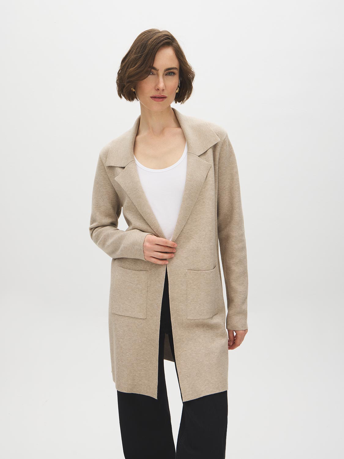 Pebble Melange Coatigan with Notch Collar - Front View - Suzy Shier