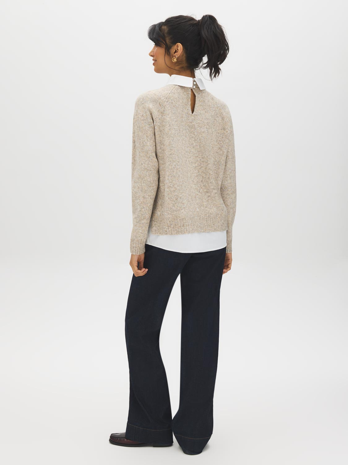 Tan Melange Twofer Sweater with Poplin Collar - Back View - Suzy Shier