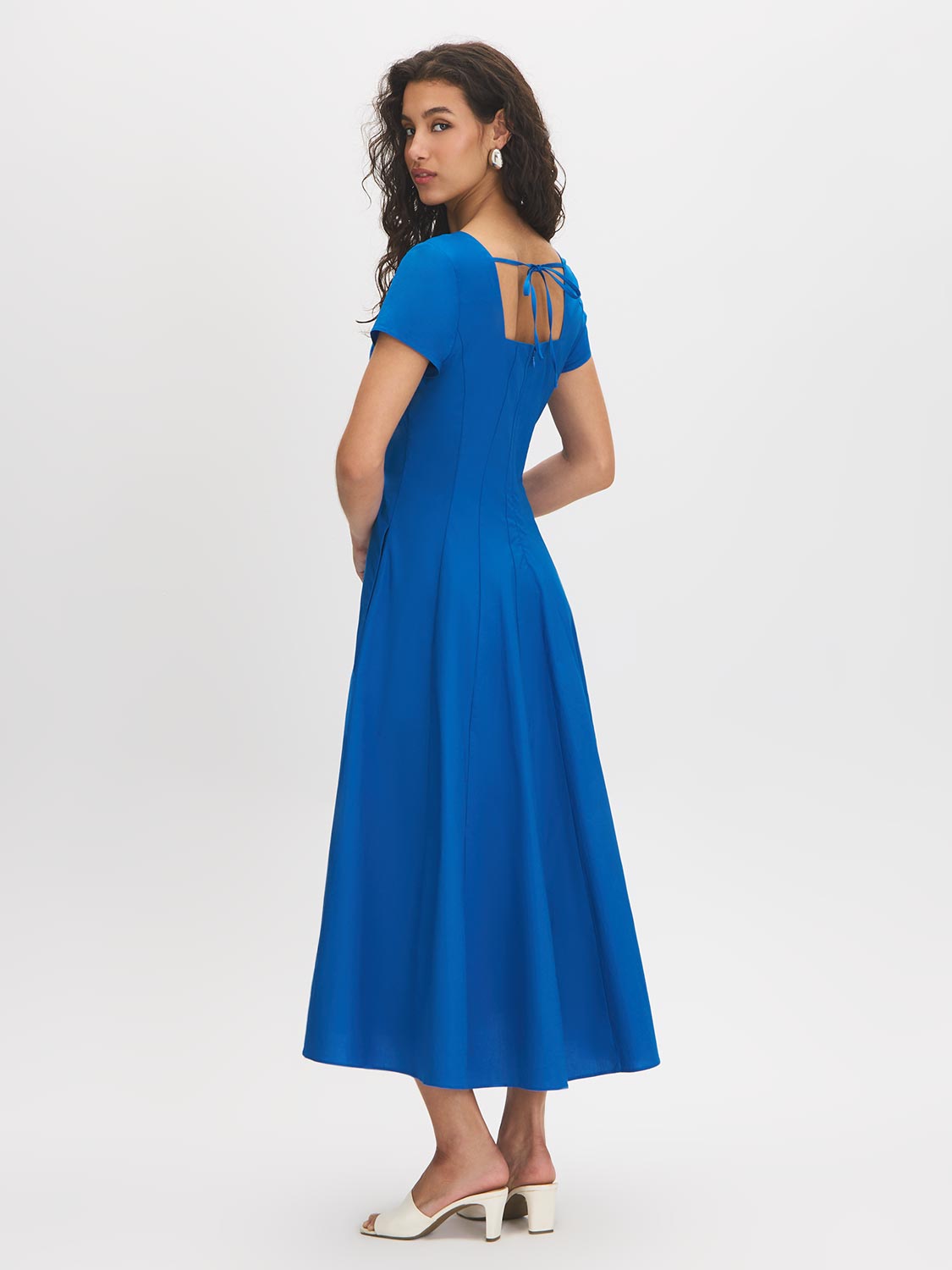 Classic Blue Square Neck Poplin Dress - Woman Wearing Cap Sleeve Dress with Paneled Detail - Suzy Shier