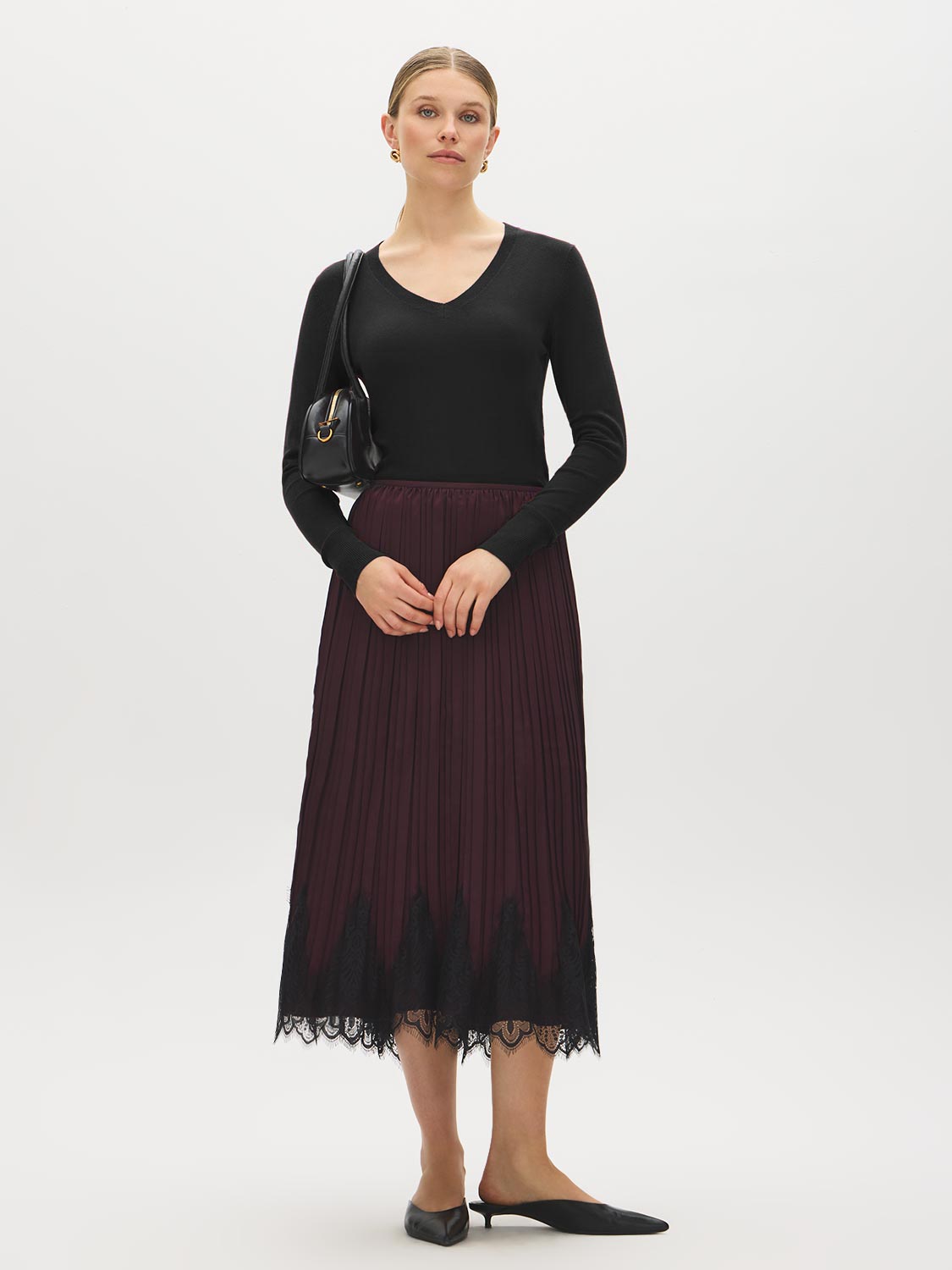 Winetasting Pleated Satin-Like Skirt with Lace Hem - Woman Wearing Pull-On Midi Skirt - Suzy Shier