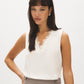 Winter White Sleeveless V-Neck Shell with Lace Trim - Woman Wearing Lace Detail Top - Suzy Shier