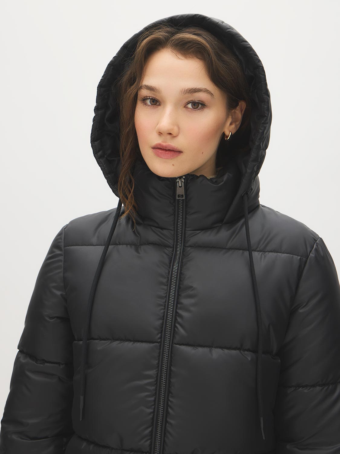 Black Mid-Length Quilted Puffer with Hood - Hood Detail - Suzy Shier