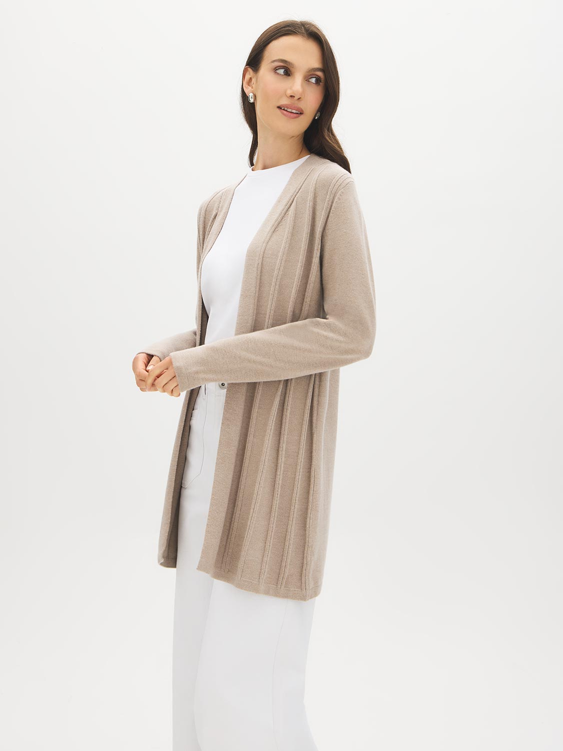 Pebble Melange Ribbed Front Duster Cardigan - Woman Wearing Long Open-Front Cardigan - Suzy Shier