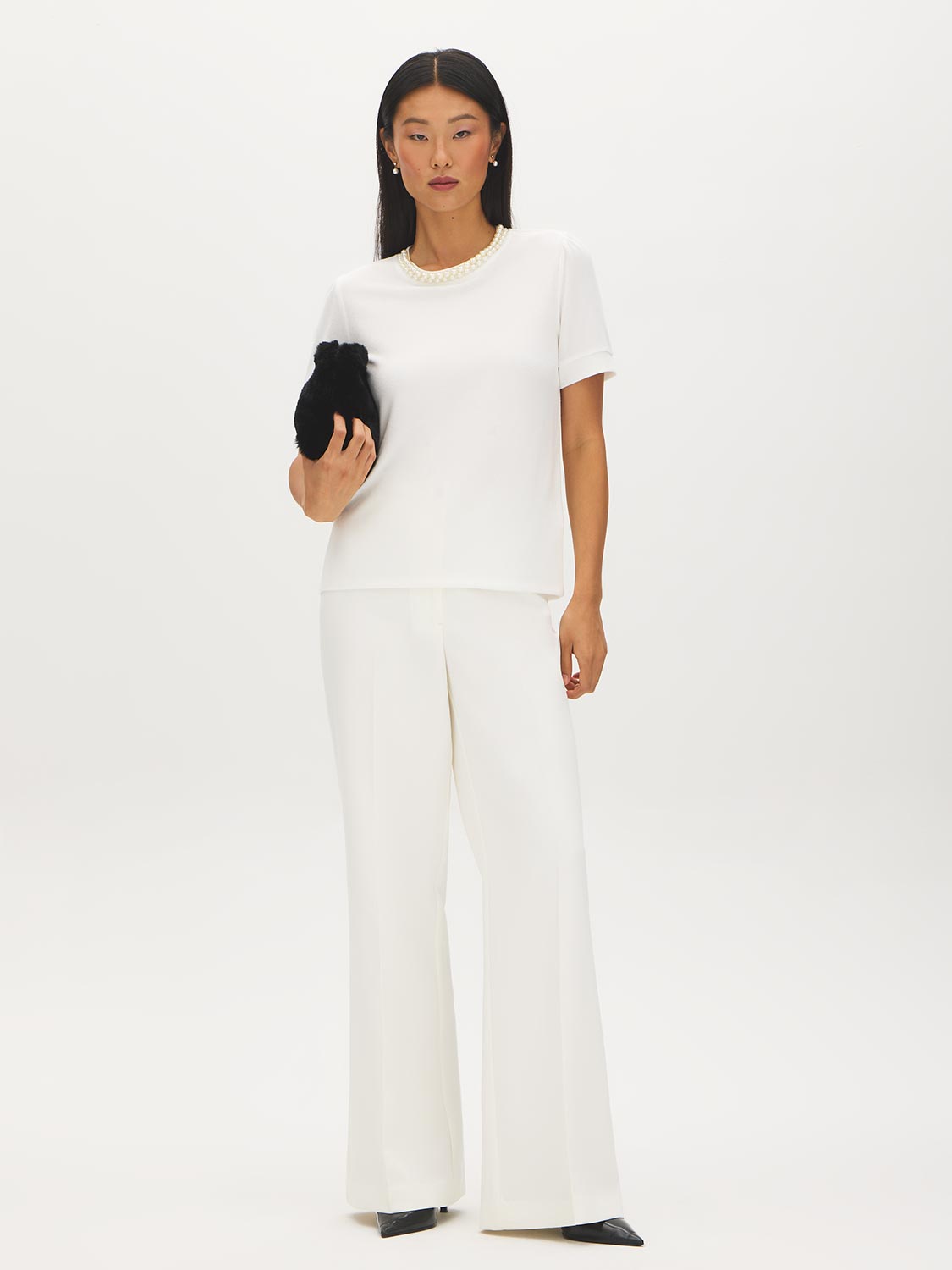 White Pearl-Detail Crew Neck Sweater Top - Front View - Suzy Shier