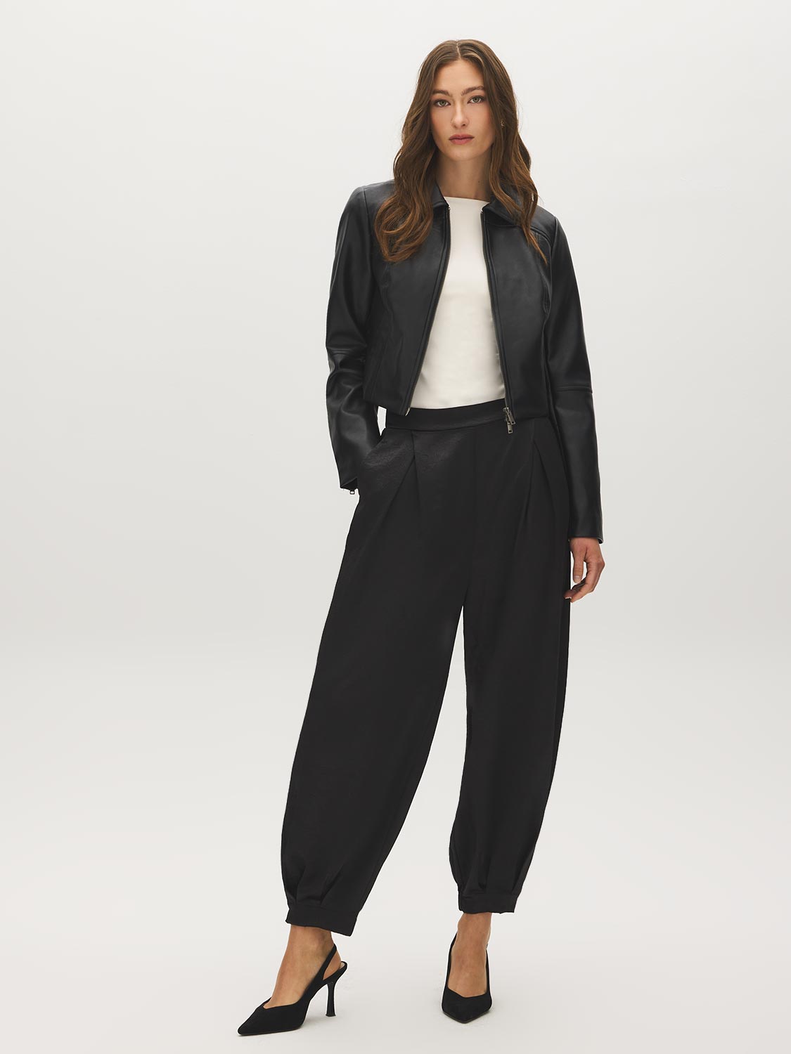 Black Crinkled Satin Balloon Pants - Styled with Jacket - Suzy Shier