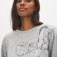 Grey Melange Crew Neck Hacci Top with Sequin Bow - Close-up Bow Detail - Suzy Shier