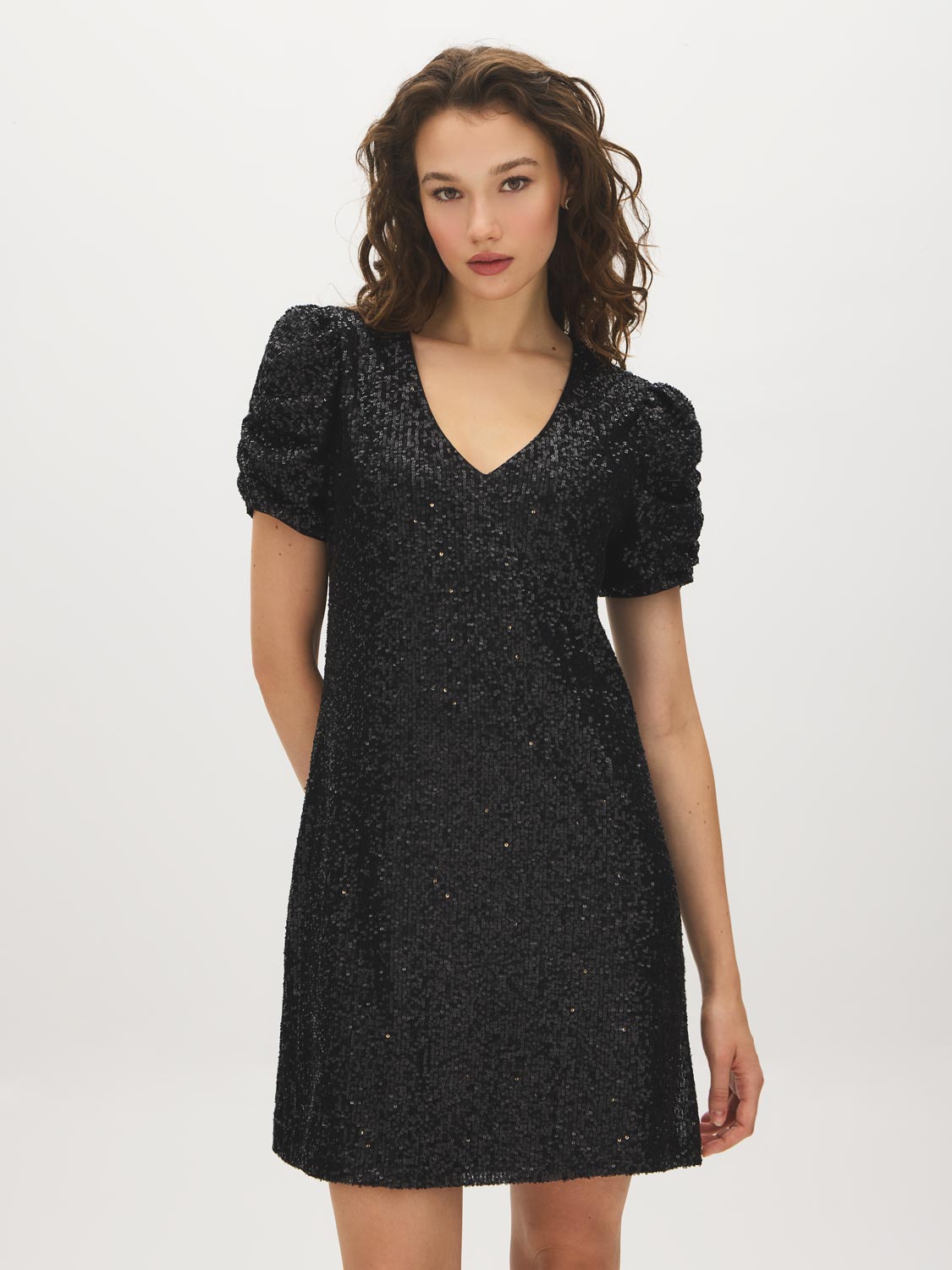 Jet Black Sequin V-Neck Dress with Caterpillar Sleeves - Front View - Suzy Shier
