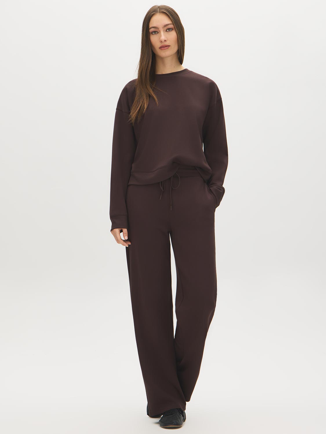 Coffee Bean Cloud Fleece Top with Drop Shoulder Sleeves - Front View - Suzy Shier