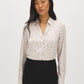 Oat Milk Printed Satin Blouse with V-Neck - Woman Wearing Button-Up Long Sleeve Top - Suzy Shier