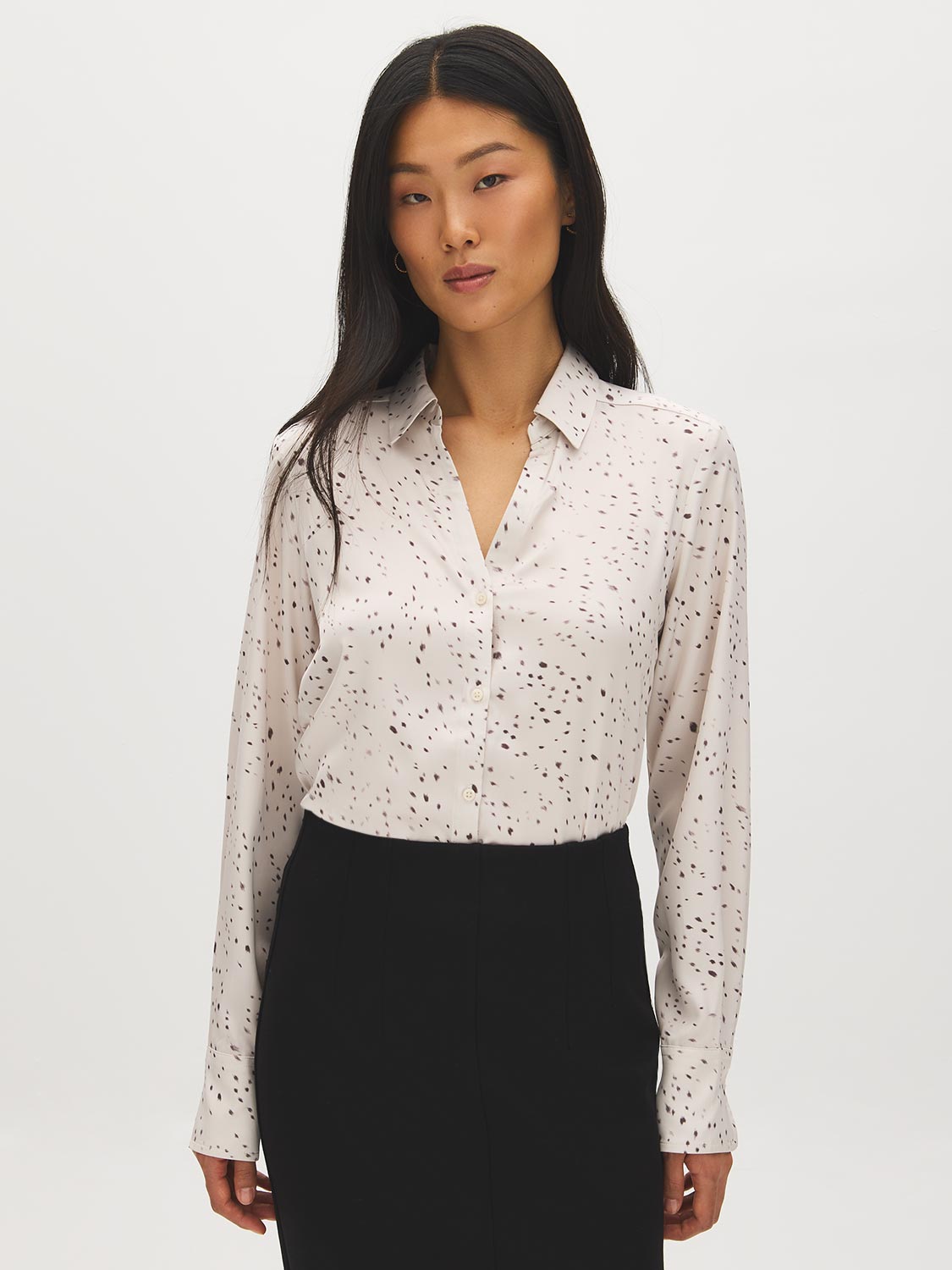 Oat Milk Printed Satin Blouse with V-Neck - Woman Wearing Button-Up Long Sleeve Top - Suzy Shier