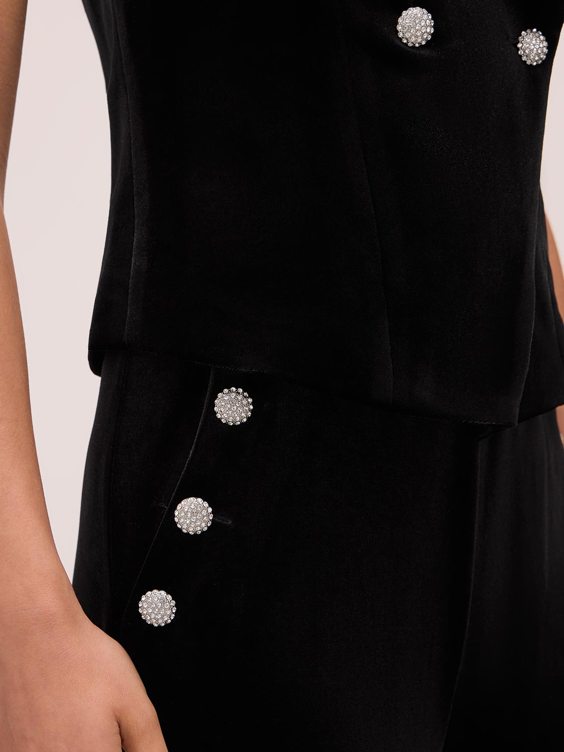 Black Tuxedo Velour Vest with Crystal Buttons - Button Detail - Le Chateau