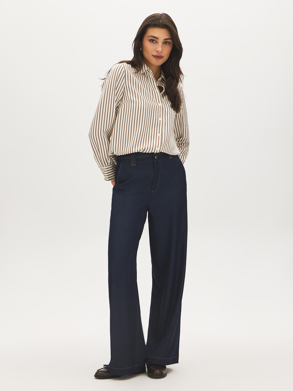 Winter White and Bison Stripe Twill Oversized Blouse - Side Profile View - Suzy Shier
