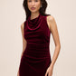 Burgundy Velour Draped Cowl Neck Sheath Dress - Front View - Le Chateau