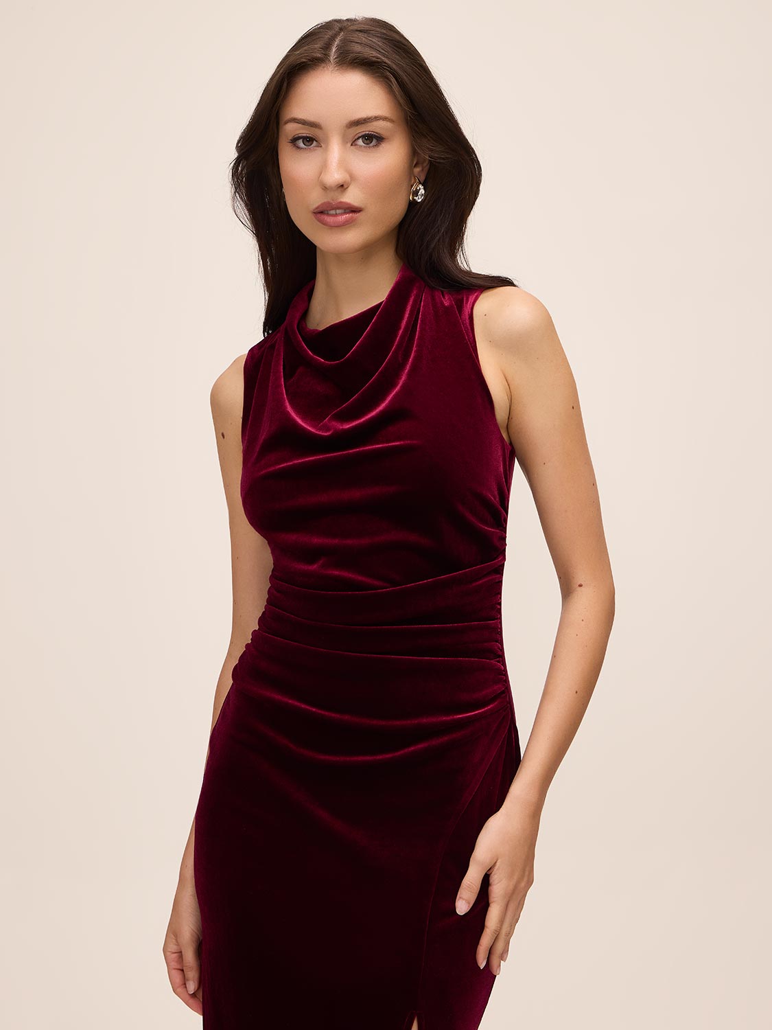 Burgundy Velour Draped Cowl Neck Sheath Dress - Front View - Le Chateau