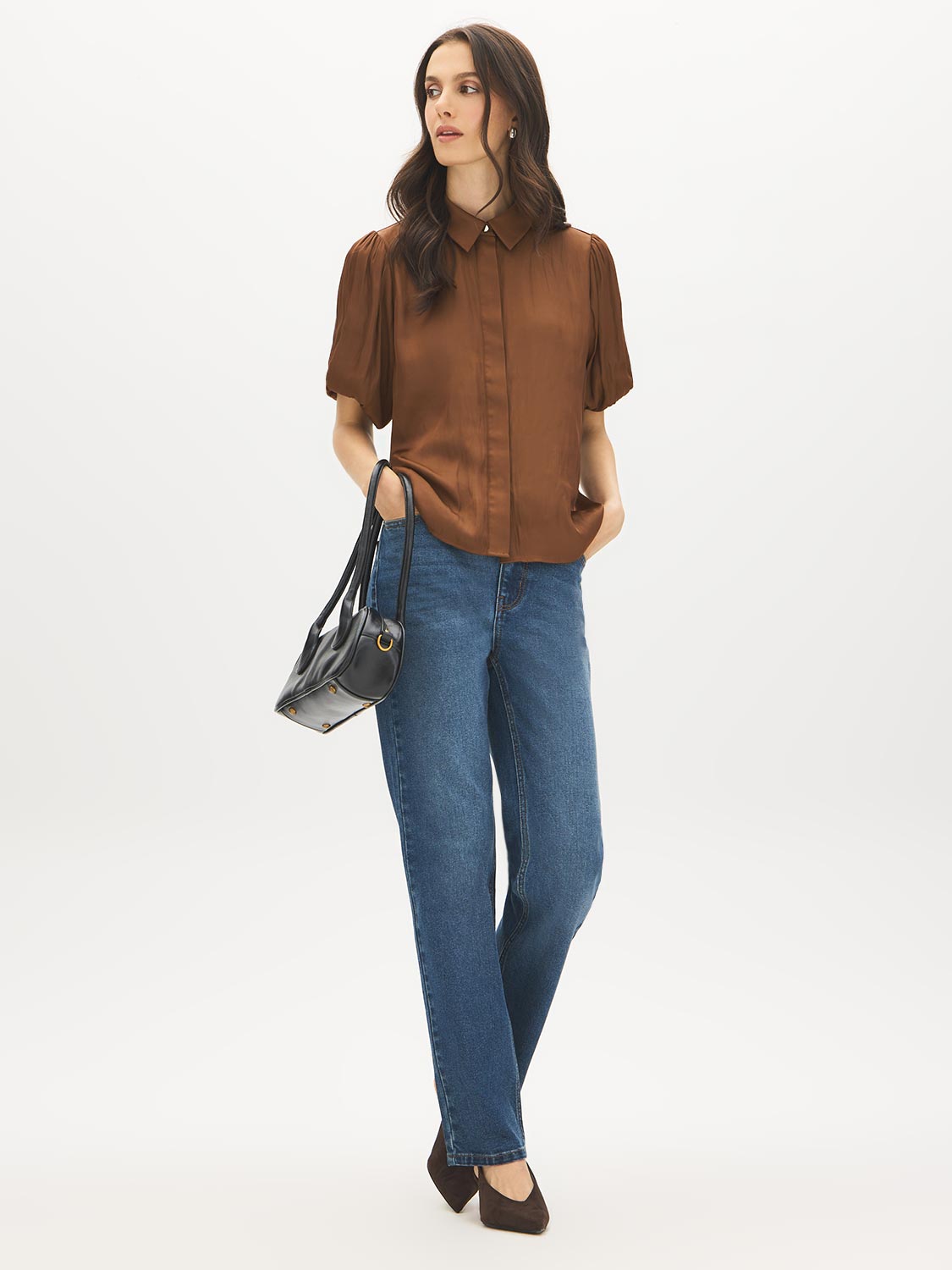 Bison Matte Satin Blouse with Bubble Sleeves - Front View - Suzy Shier