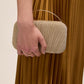 Gold Woven Pleated Lurex Bag with Metal Top Handle - Evening Accessory with Shimmer Detail - Le Chateau