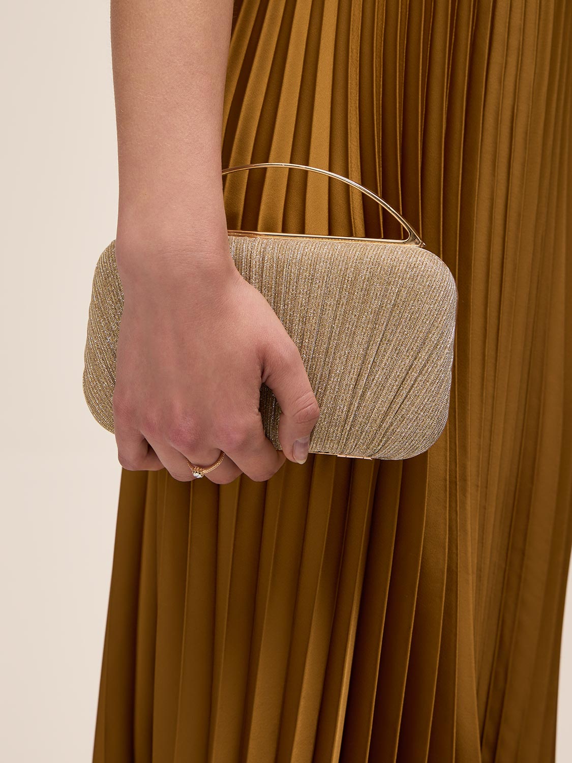 Gold Woven Pleated Lurex Bag with Metal Top Handle - Evening Accessory with Shimmer Detail - Le Chateau