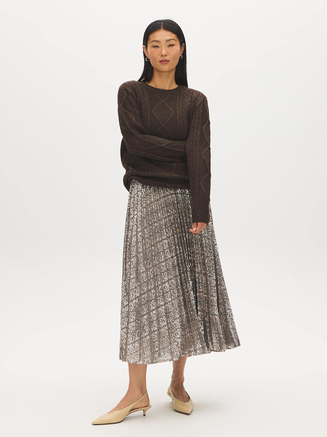 Gold and Silver Metallic Pleated Sequin Skirt - Woman Wearing Shimmering Full Skirt - Suzy Shier
