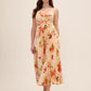 Rust and Sweet Clay Floral Satin V-Neck Pleated Midi Dress - Woman Wearing Elegant Midi Dress - Le Chateau