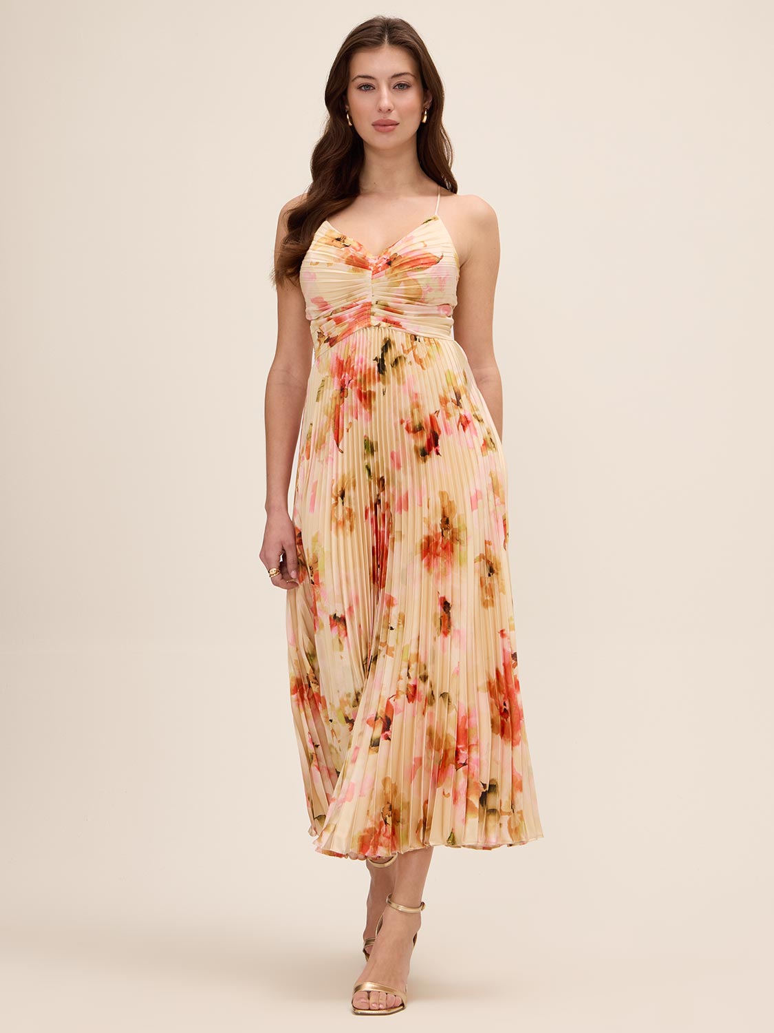 Rust and Sweet Clay Floral Satin V-Neck Pleated Midi Dress - Woman Wearing Elegant Midi Dress - Le Chateau