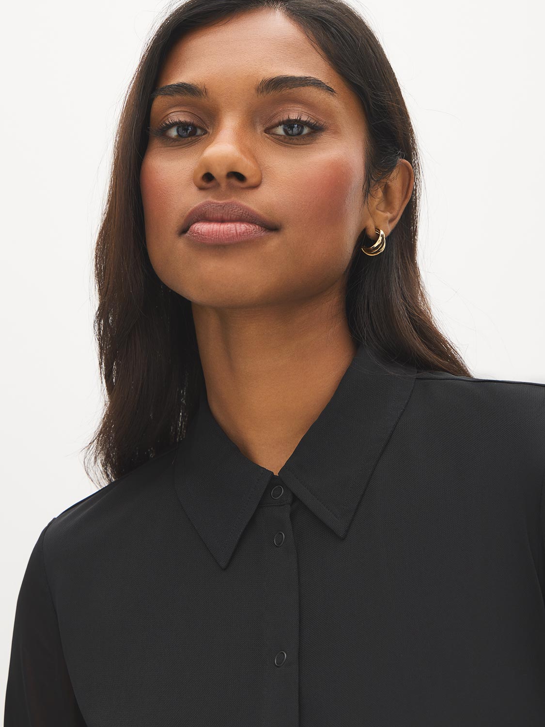 Jet Black Mesh Blouse with Shirring - Collar Detail - Suzy Shier