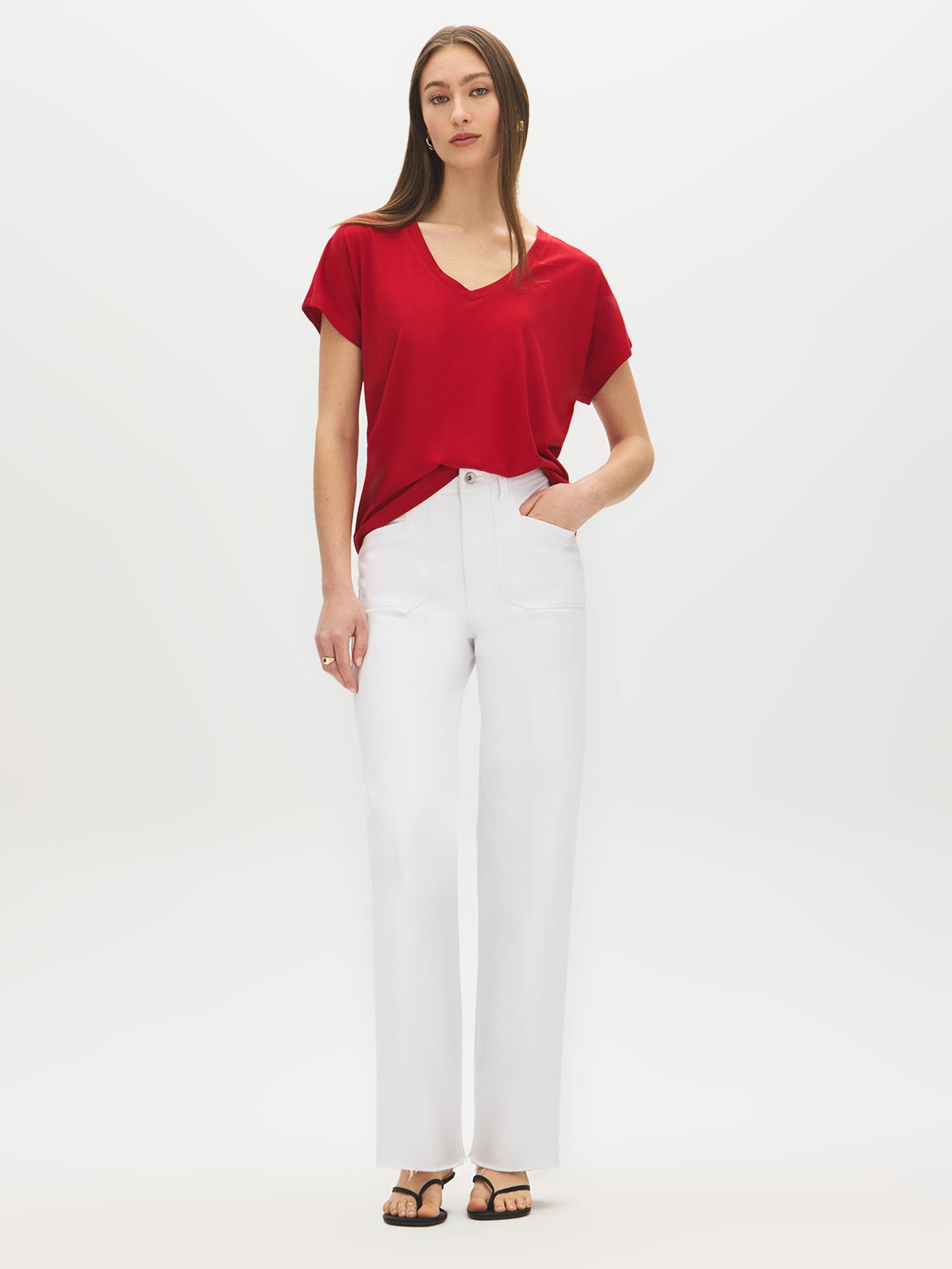 Jester Red V-Neck Dolman Sleeve Knit Top - Front View - Suzy Shier
