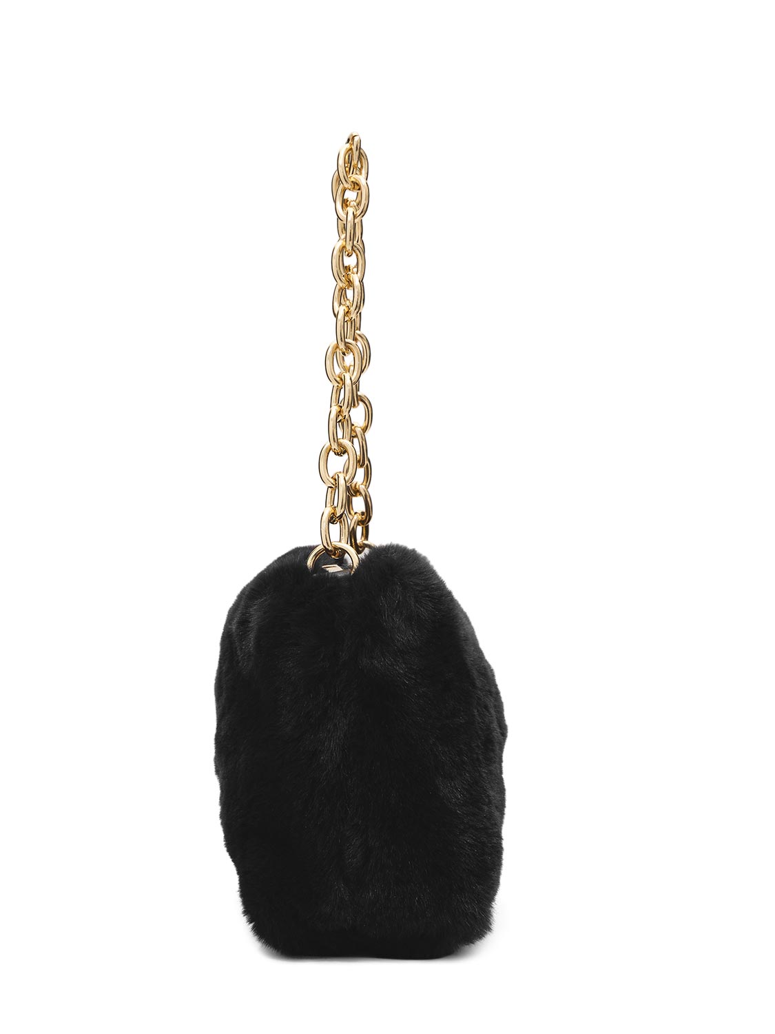 Black Faux Fur Bag with Gold Chain Handle - Side Profile View - Le Chateau
