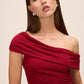 Lipstick Red Glitter Knit One-Shoulder Gown - Close-up Neckline Detail - Le Chateau