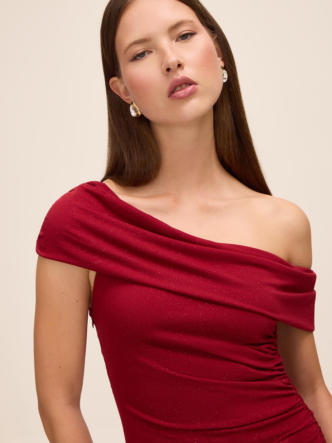 Lipstick Red Glitter Knit One-Shoulder Gown - Close-up Neckline Detail - Le Chateau