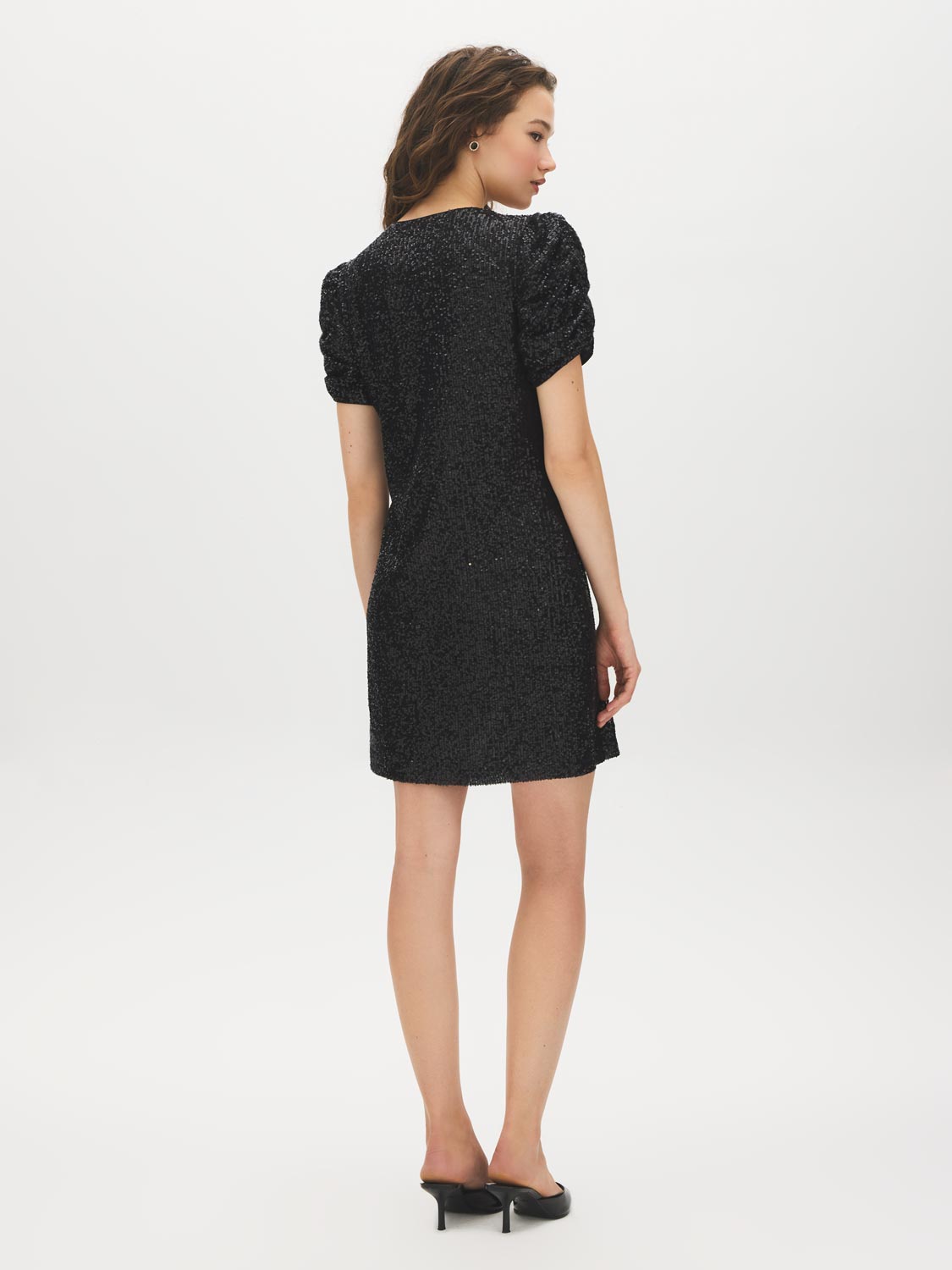 Jet Black Sequin V-Neck Dress with Caterpillar Sleeves - Back View - Suzy Shier