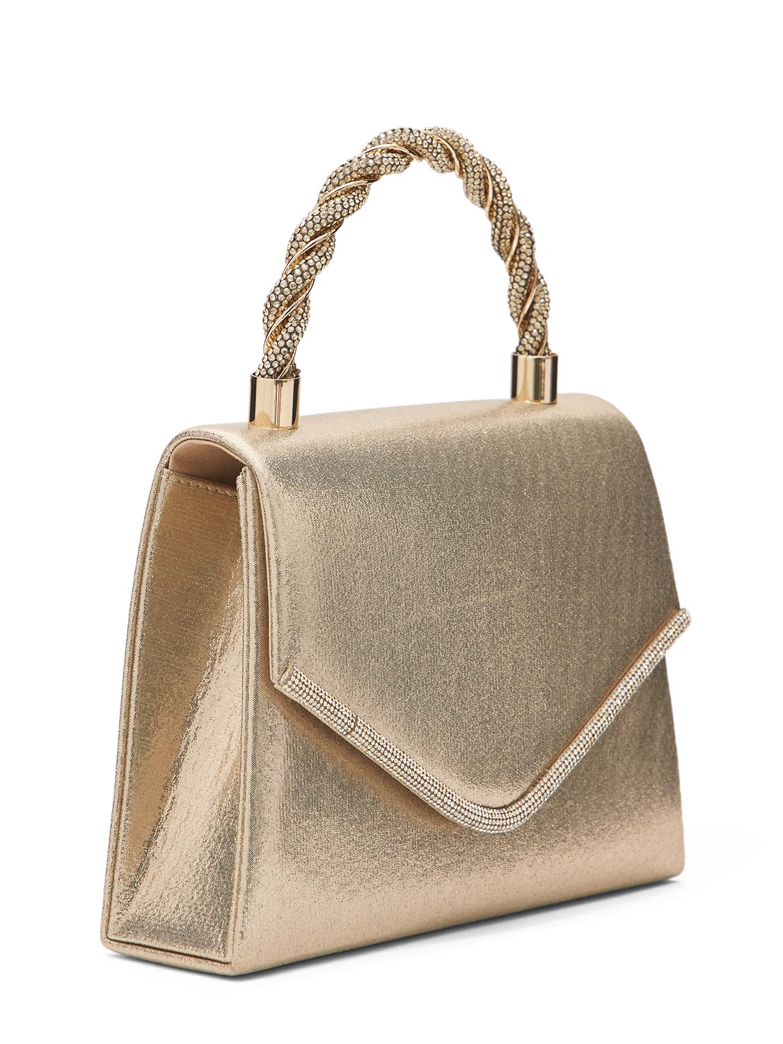 Gold Woven Lurex Bag with Jeweled Top Handle - Side Profile View - Le Chateau