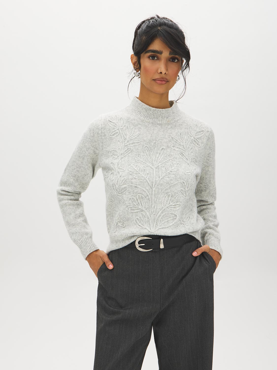 Grey Mix Mock Neck Sweater - Woman Wearing Textured Knit Top with Ribbed Trims - Suzy Shier