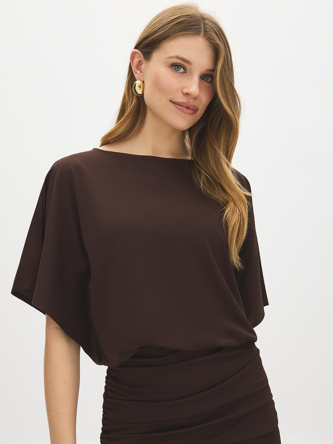 Coffee Bean Dolman Sleeve Midi Dress with Gathered Waist - Front View - Suzy Shier