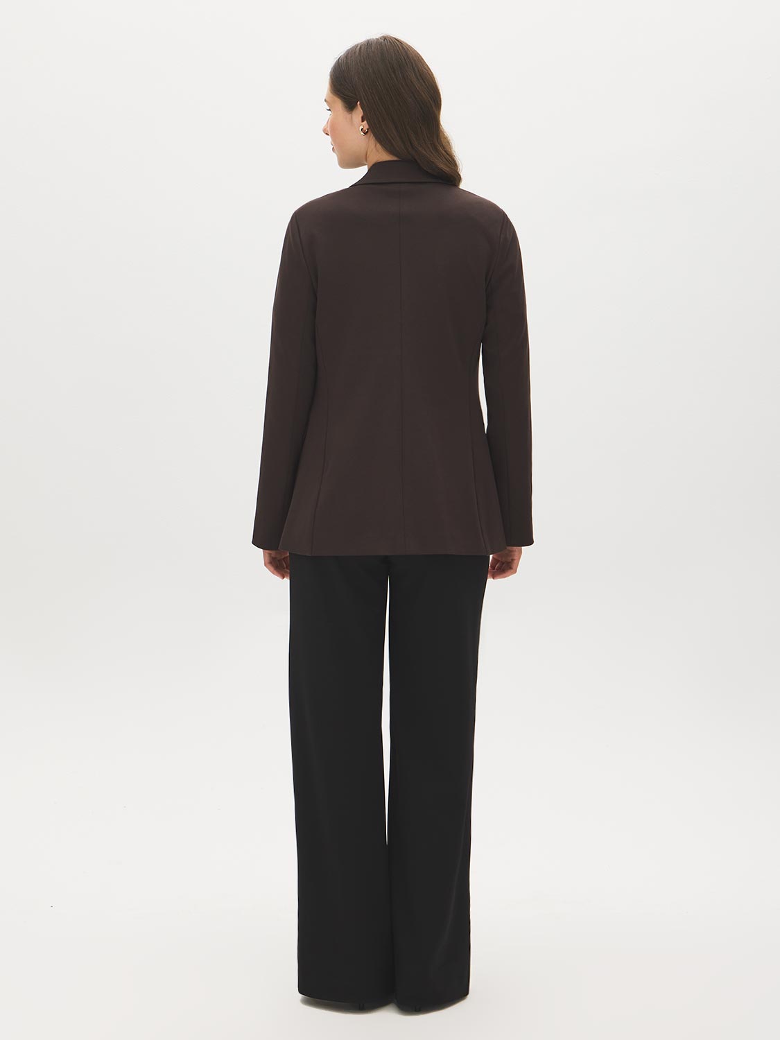 Coffee Open-Front Blazer with Stripe Cuff Detail - Back View - Suzy Shier
