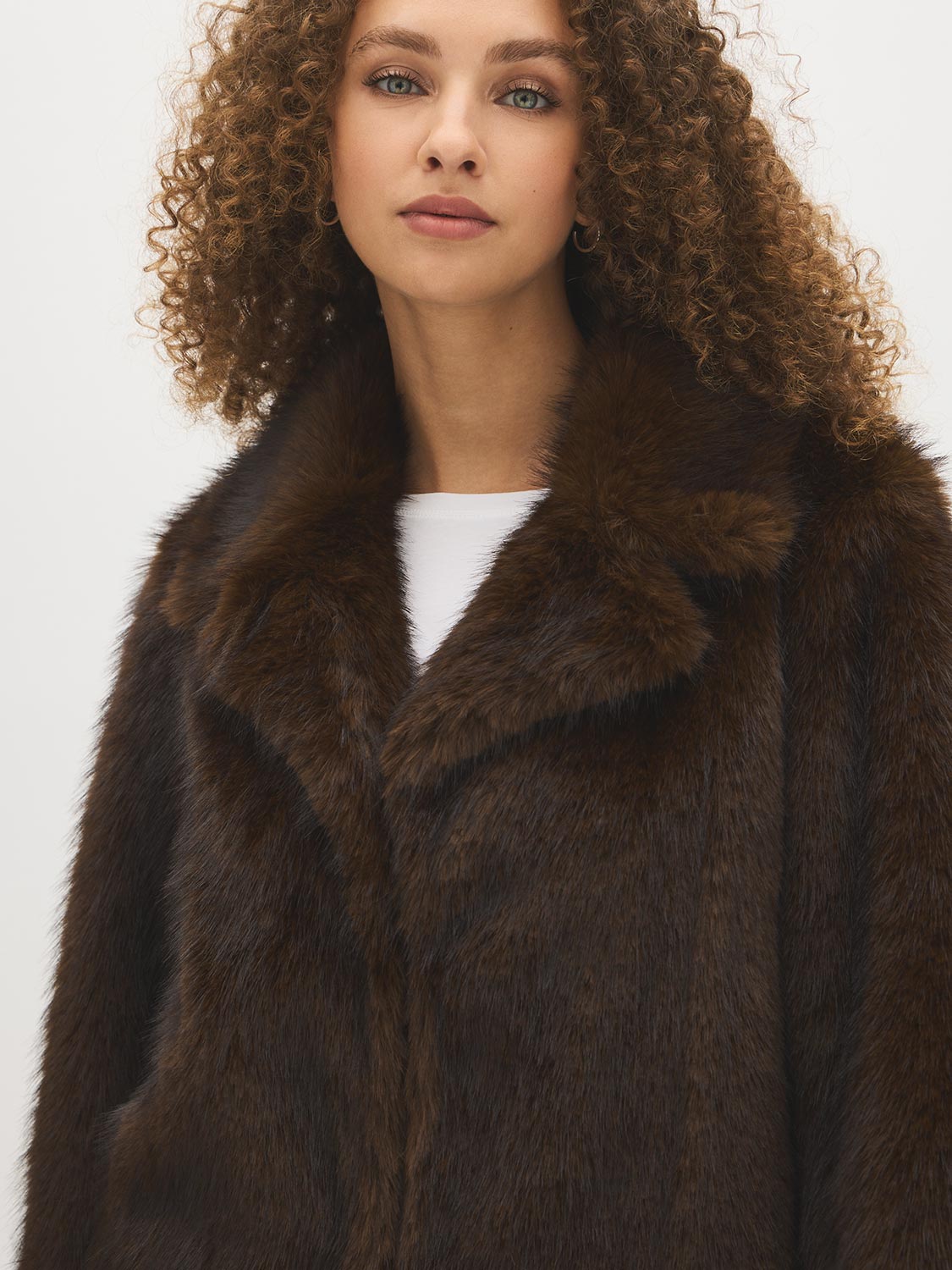 Brown Faux Fur Coat with Leather Detail - Close-up Collar Detail - Suzy Shier