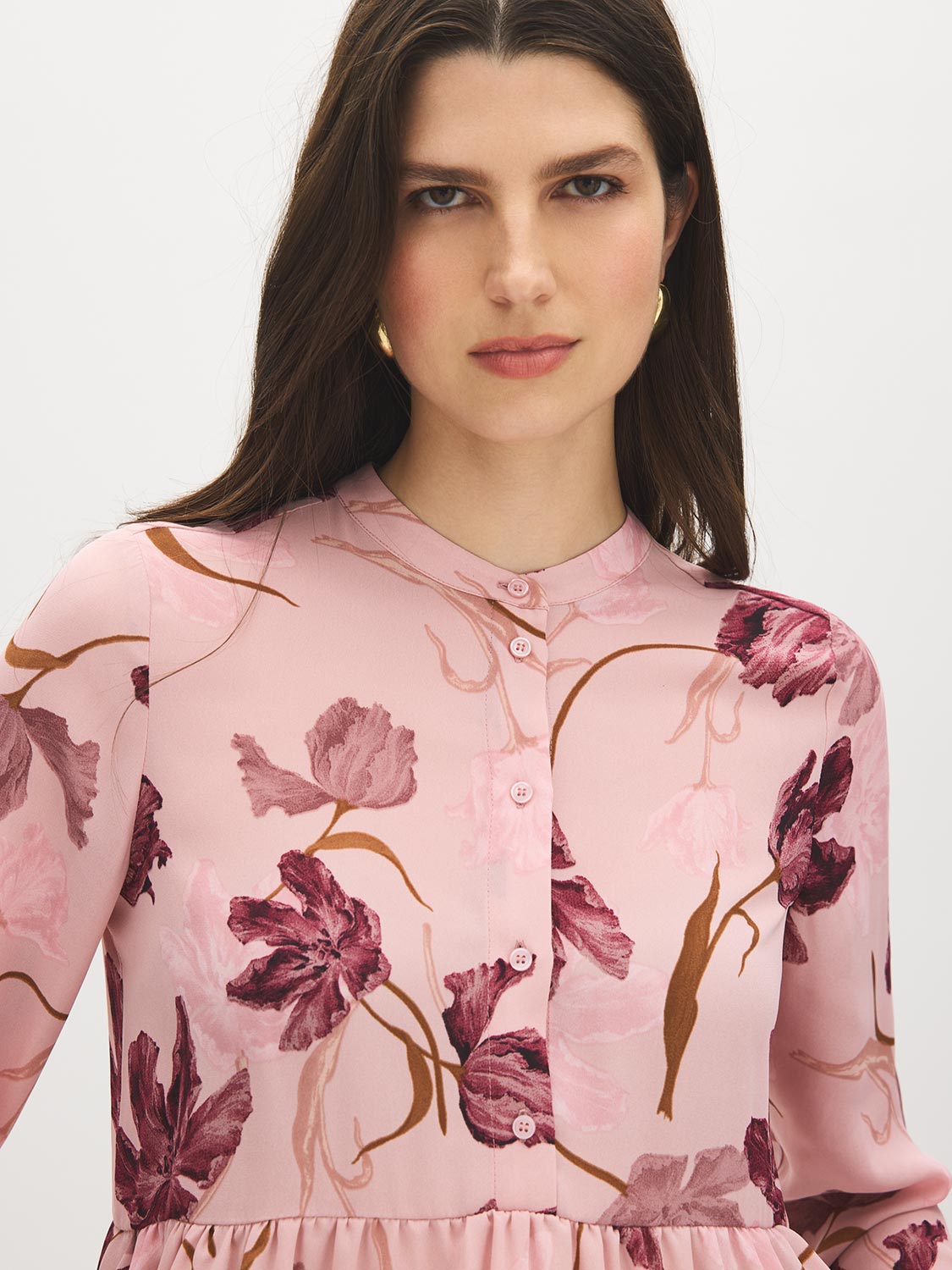 Dusty Pink Multi Chiffon Peplum Blouse - Close-up Front Detail - Suzy Shier