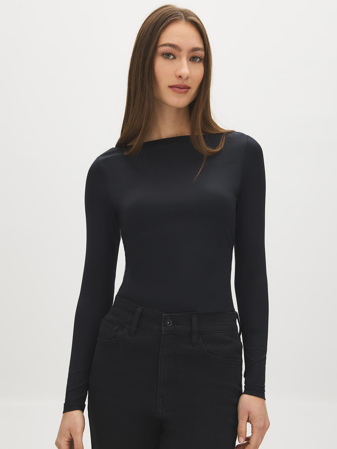 Jet Black Double Layer Boat Neck Top - Woman Wearing Layered Knit Top - Suzy Shier