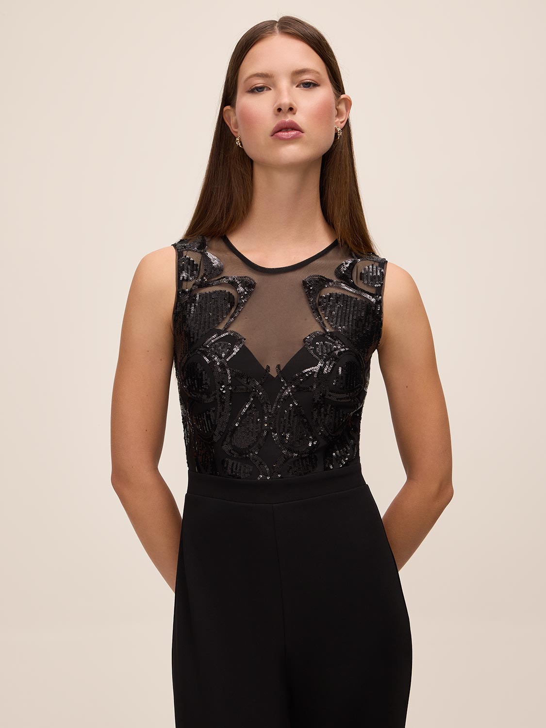 Black Sequin Mesh Illusion Jumpsuit - Front View - Le Chateau