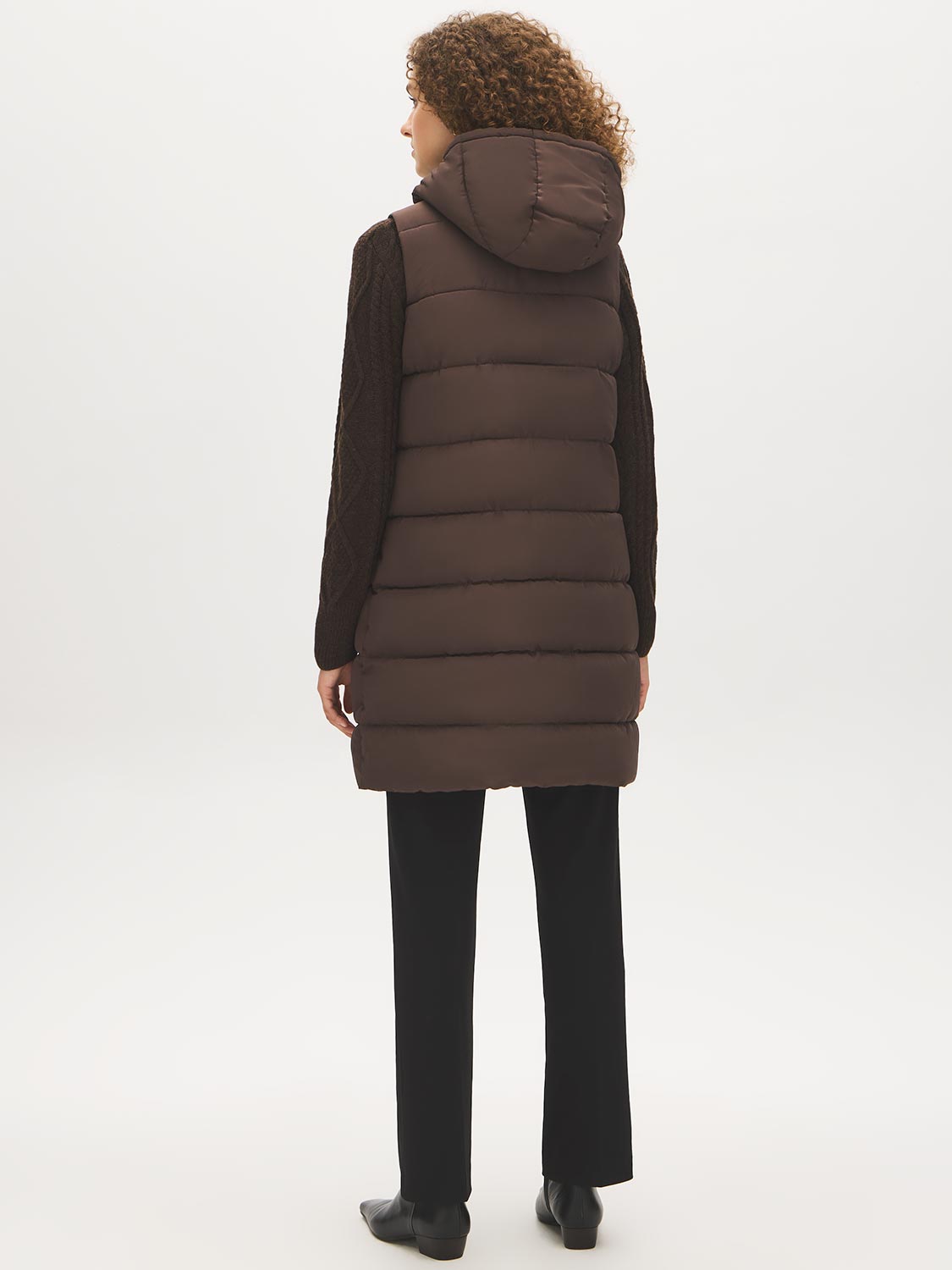 Brown Quilted Long Puffer Vest with Hood - Back View - Suzy Shier