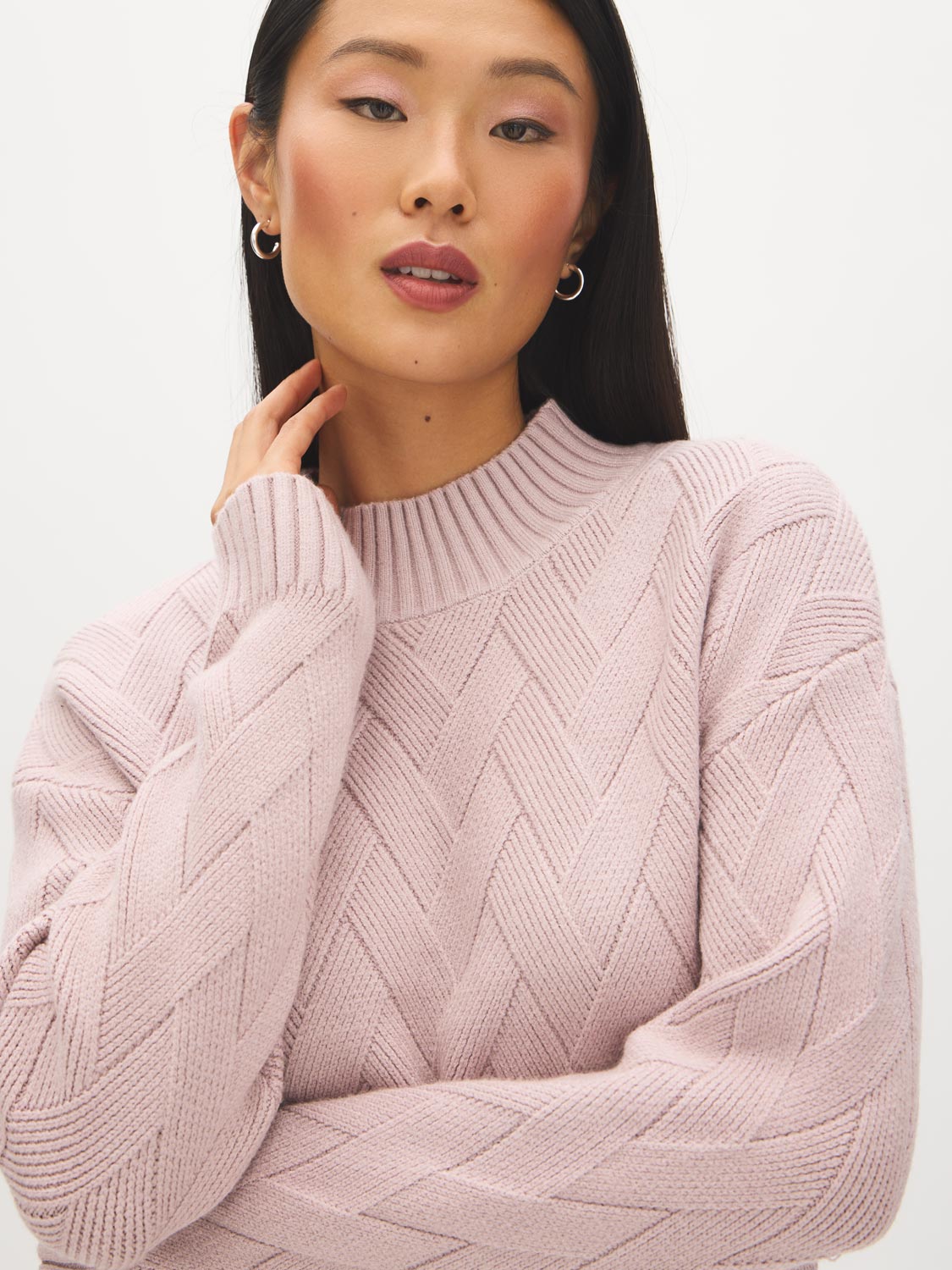 Pink Diagonal Stitch Mock Neck Sweater - Close-up Fabric Detail - Suzy Shier