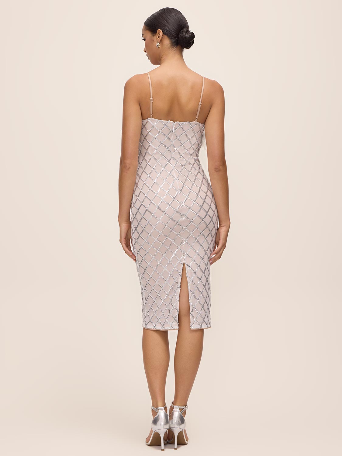 Silver/Antique Cream Sequin Mesh Midi Dress - Back View - Le Chateau