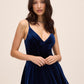Midnight Blue V-Neck Velour Fit & Flare Cocktail Dress - Side Profile View - Le Chateau