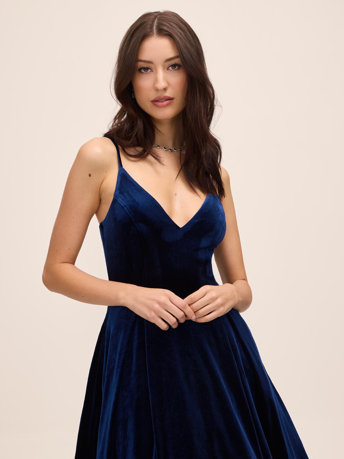 Midnight Blue V-Neck Velour Fit & Flare Cocktail Dress - Side Profile View - Le Chateau