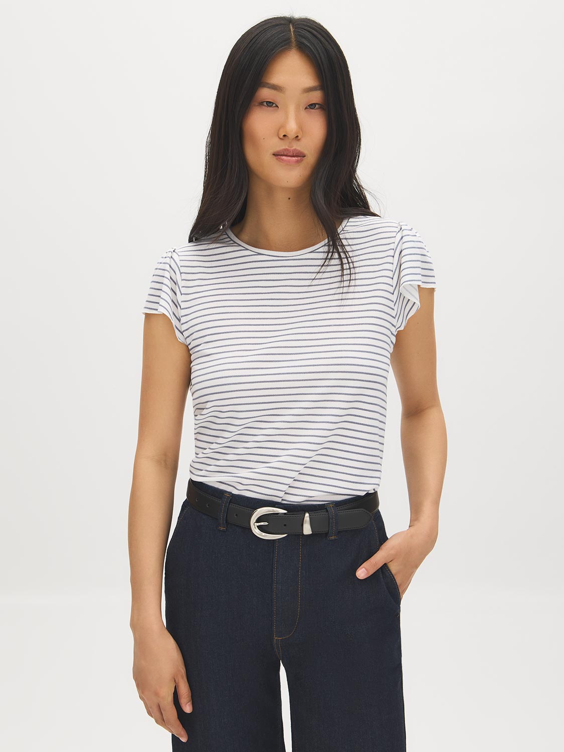 Snow White Striped Ruffle Sleeve Knit Top - Woman Wearing Crew Neck Top - Suzy Shier