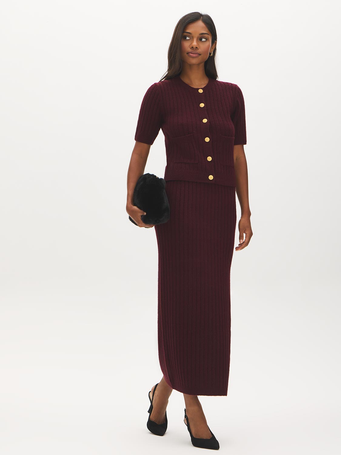 Bruised Burgundy Ribbed Button-Front Cardigan - Front View - Suzy Shier