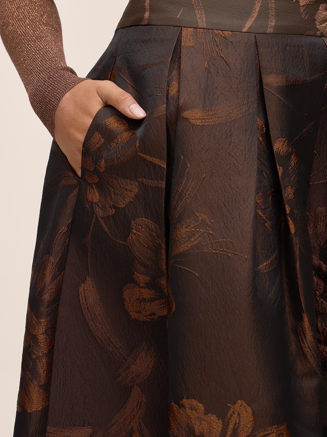 Copper Floral Jacquard Midi Skirt with Box Pleats - Close-up Fabric Detail - Le Chateau