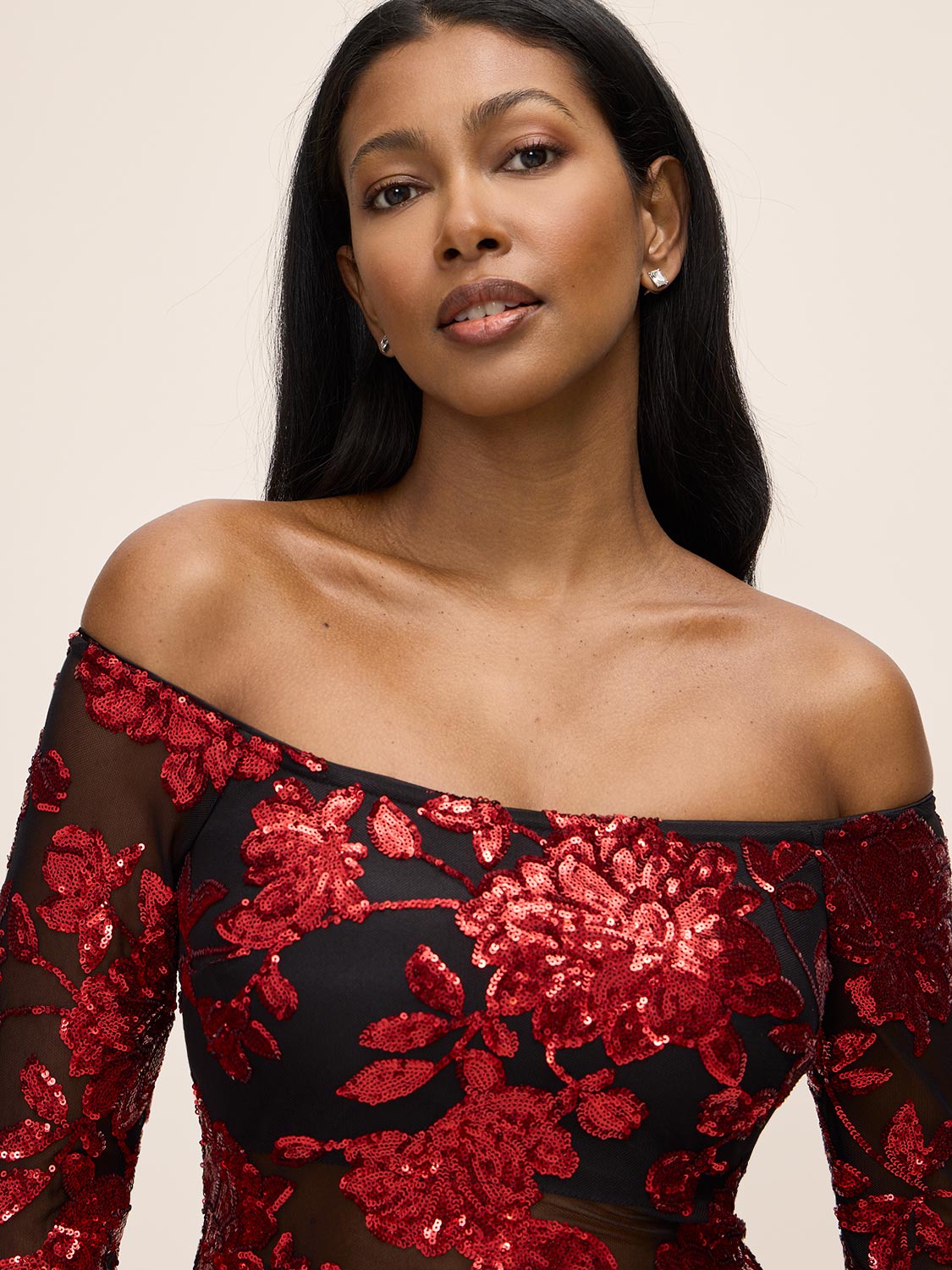 Red/Black Off-Shoulder Sequin Gown with Illusion Sleeves - Close-up Neckline Detail - Le Chateau