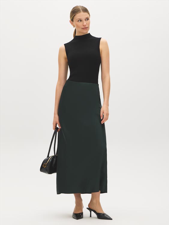 Scarab Satin Bias Cut Pull-On Skirt - Woman Wearing Midi-Length Satin Skirt - Suzy Shier